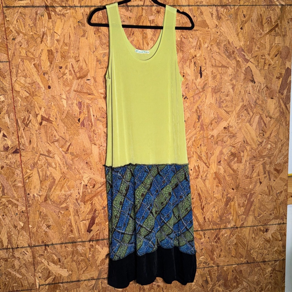 VTG Y2K Original Maxi Tank Dress Green Checkered Colorblock Summer Vaca Artsy S
